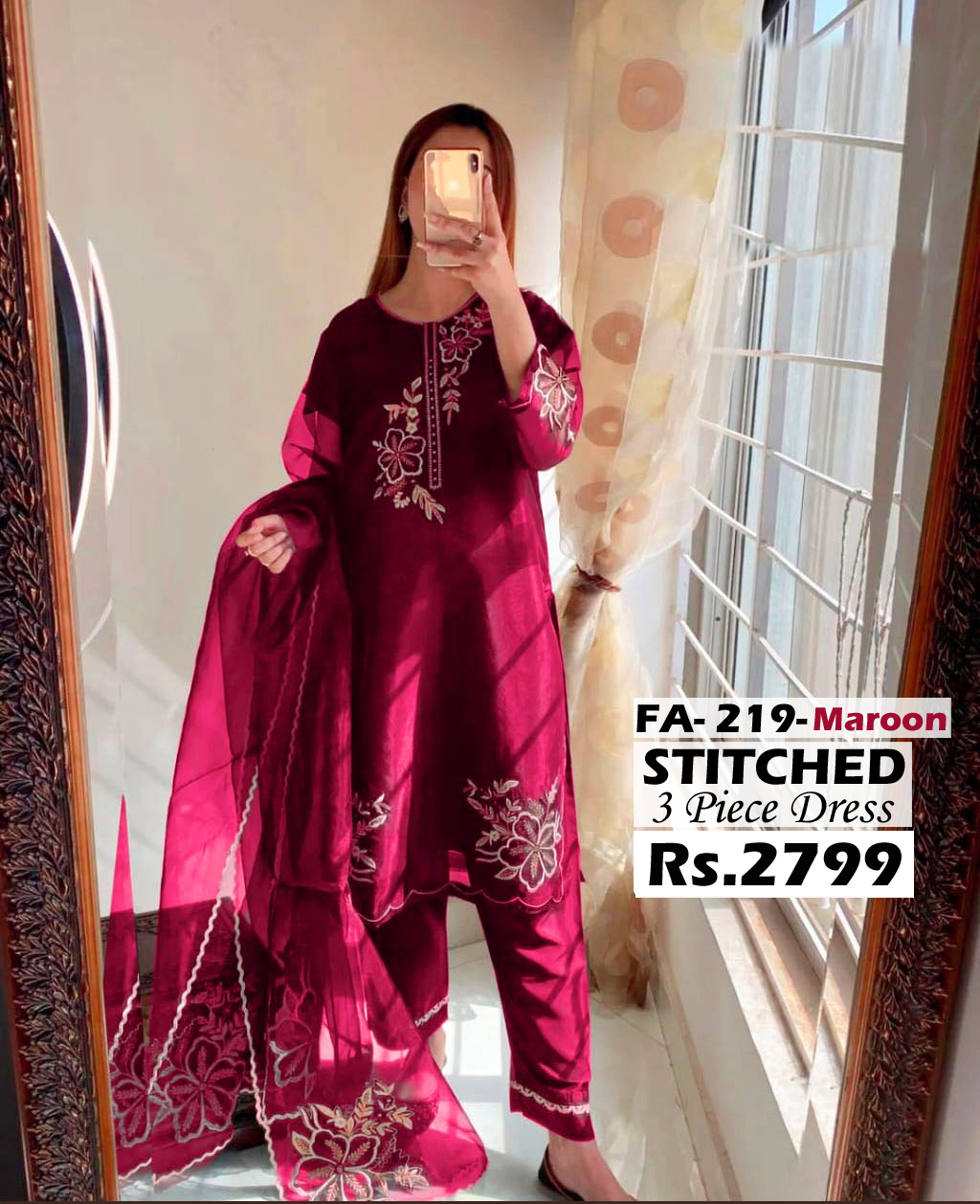 STITCHED 3 piece DRESS FA 219 Maroon