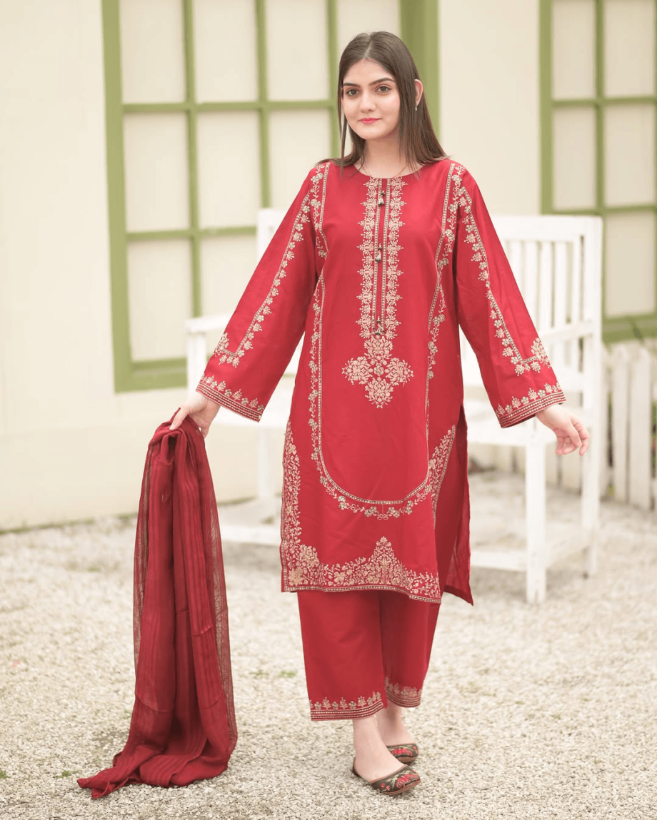 STITCHED 3 piece DRESS FA- 224 Red