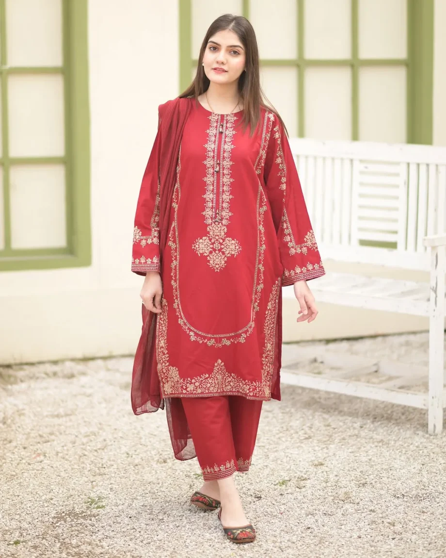 STITCHED 3 piece DRESS FA- 224 Red